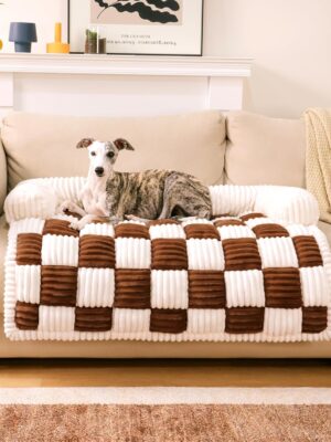 Cream Square Plaid Cozy Dog Mat Furniture Protector Cover