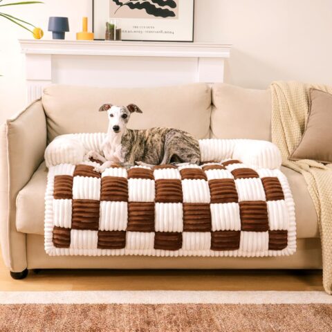 Cream Square Plaid Cozy Dog Mat Furniture Protector Cover